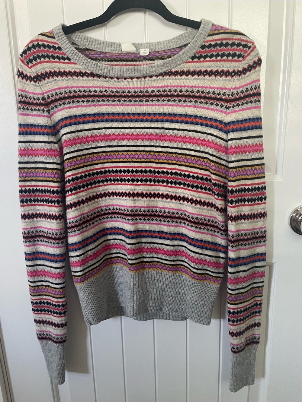 GAP Gray Crewneck Sweater with Pink, Blue, Yellow & Black Stripes